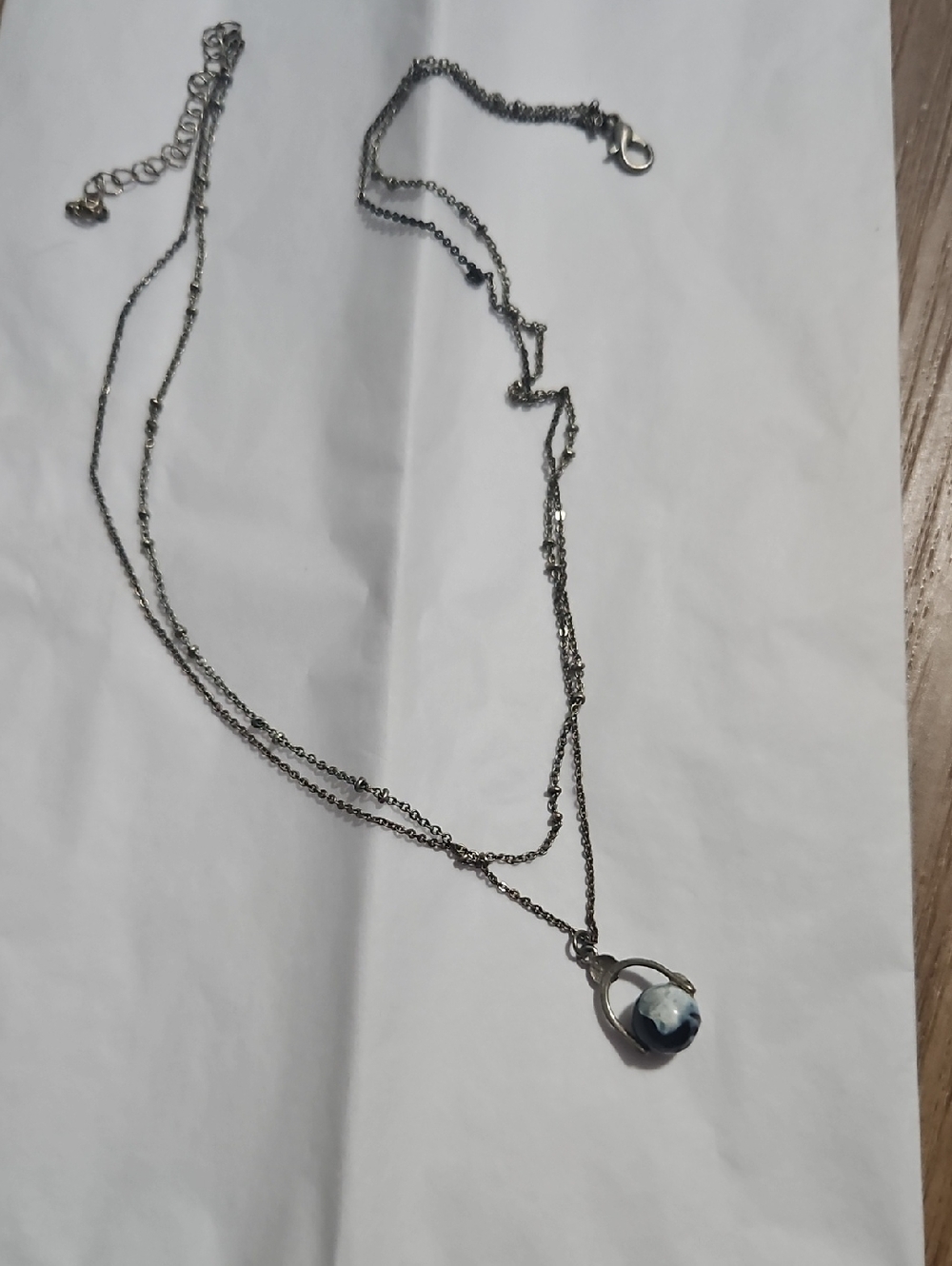 Layered Silver-Tone Necklace with Black Marble Pendant